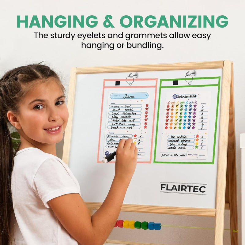 FLAIRTEC 7-Pack Dry Erase Pockets – 10x14 Heavy Duty Sleeves with Cloth Binding – Fits 8.5x11 or 9x12 Worksheets – Includes 1 Ring and 1 Hook – Classroom and Office Use - Image 5